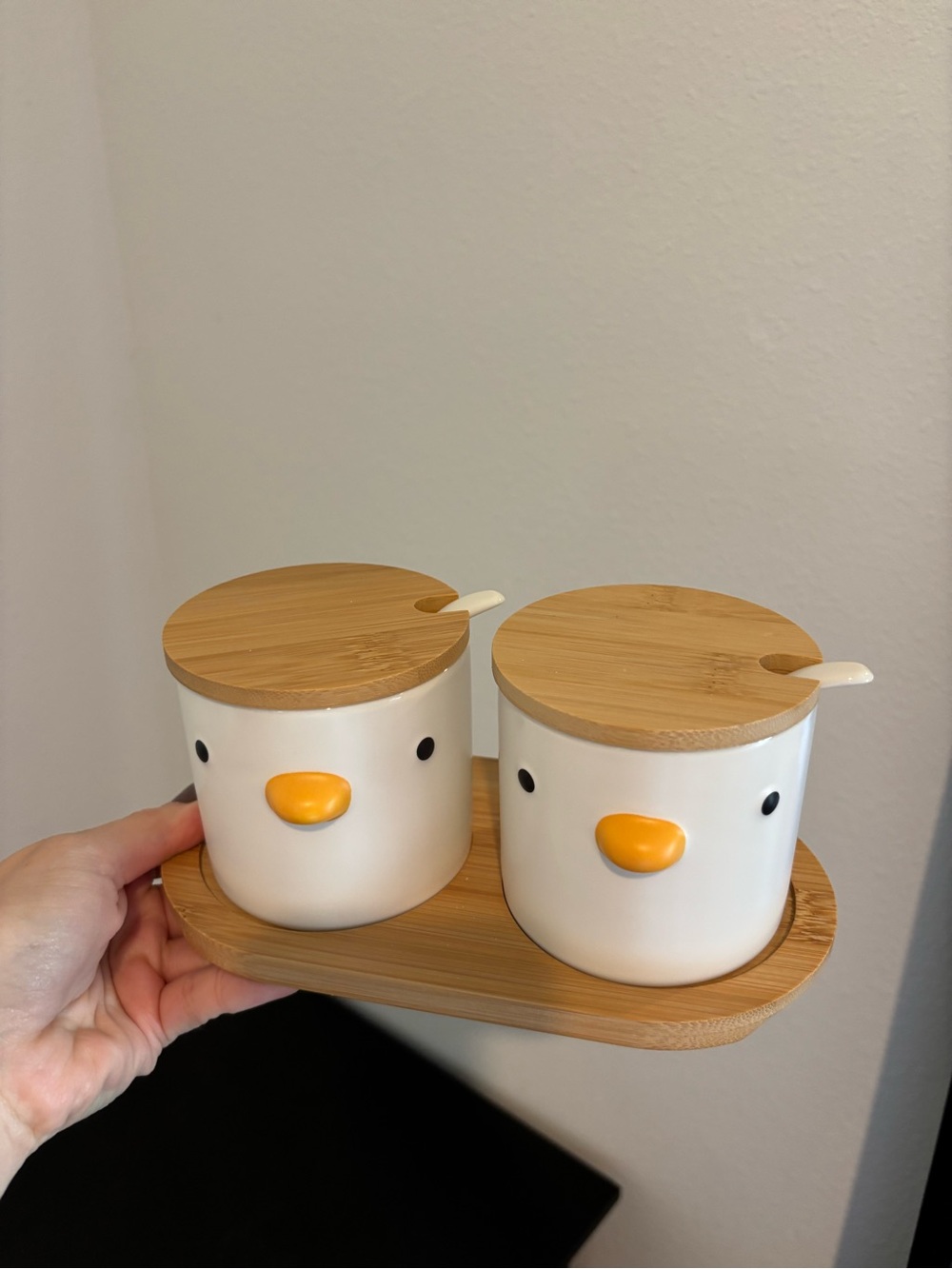 White Duck Face Ceramic Condiment Jars with Bamboo Lids and Tray